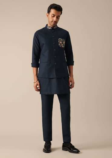 Navy Blue Embroidered Jacket Kurta Set In Linen
