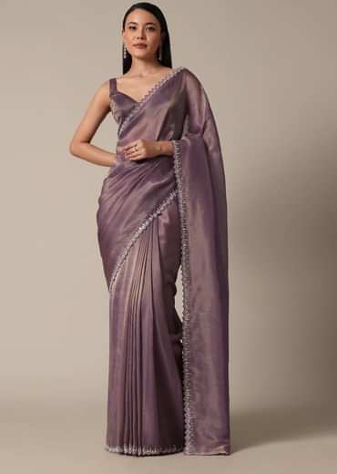 Regal Purple Saree With Mirror and Stone Scallop Border