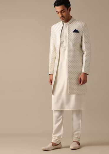 White Mirror Embellished Sherwani Set