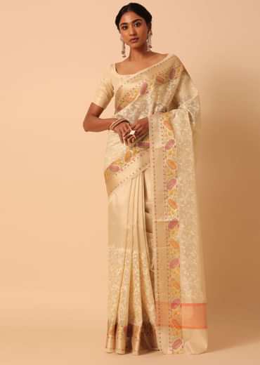 Beige Saree In Kora Silk With Floral Motif Multicolor Thread Work And Unstitched Blouse Piece