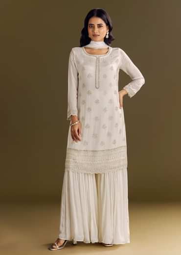 White Chinon Cutdana Kurta Sharara With Moti Work Dupatta