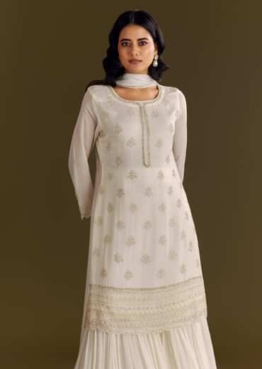 White Chinon Cutdana Kurta Sharara With Moti Work Dupatta
