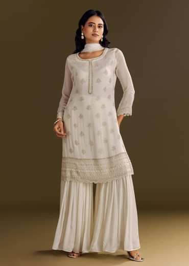White Chinon Cutdana Kurta Sharara With Moti Work Dupatta