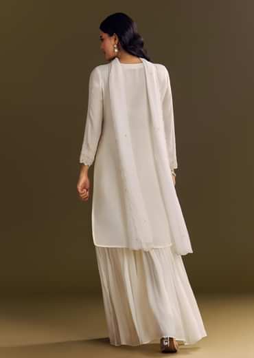 White Chinon Cutdana Kurta Sharara With Moti Work Dupatta