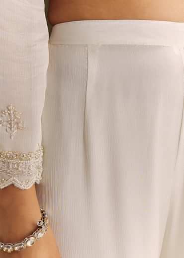 White Chinon Cutdana Kurta Sharara With Moti Work Dupatta