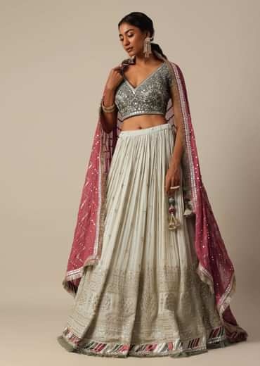 Grey Embroidered Lehenga Set With Zardozi Work