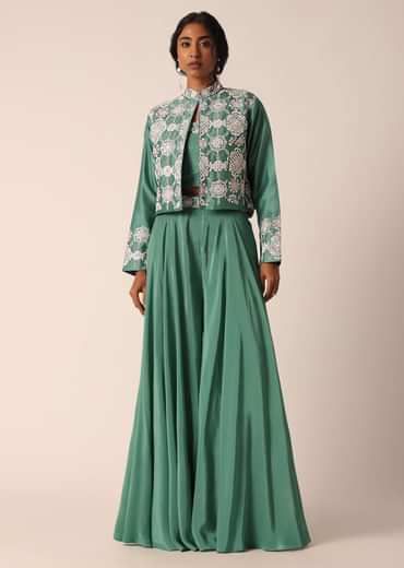 Green Art Silk Palazzo Set With Mirror Work