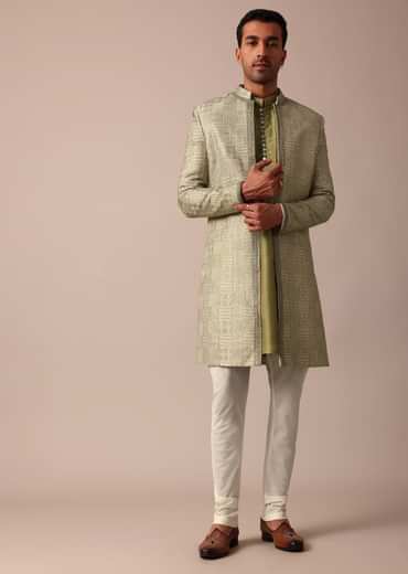 Mehendi Green Silk Sherwani With Intricate Embroidery