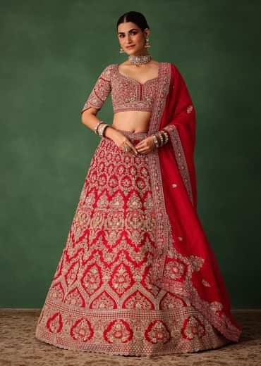 Cherry Red Hand Embroidered Raw Silk Lehenga Set With Net Dupatta