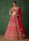 Cherry Red Hand Embroidered Raw Silk Lehenga Set With Net Dupatta