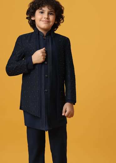 Black Silk Embroidered Sherwani Set for Boys