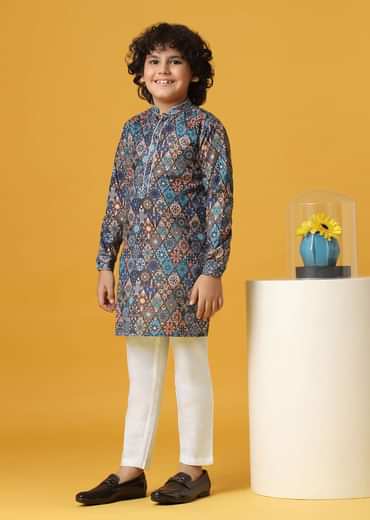 Stylish Blue Cotton Kurta Set For Boys