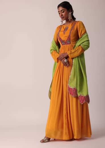 Orange Chiffon Anarkali With Dupatta
