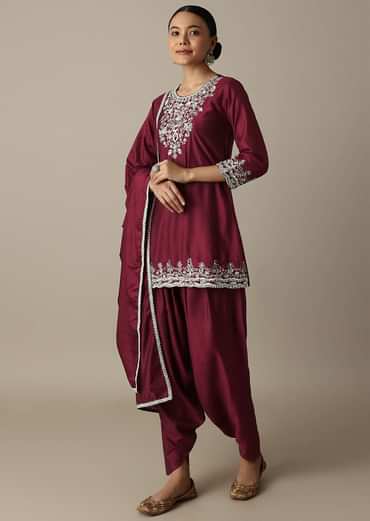 Red Silk Embroidery Kurta Set With Salwar And Dupatta