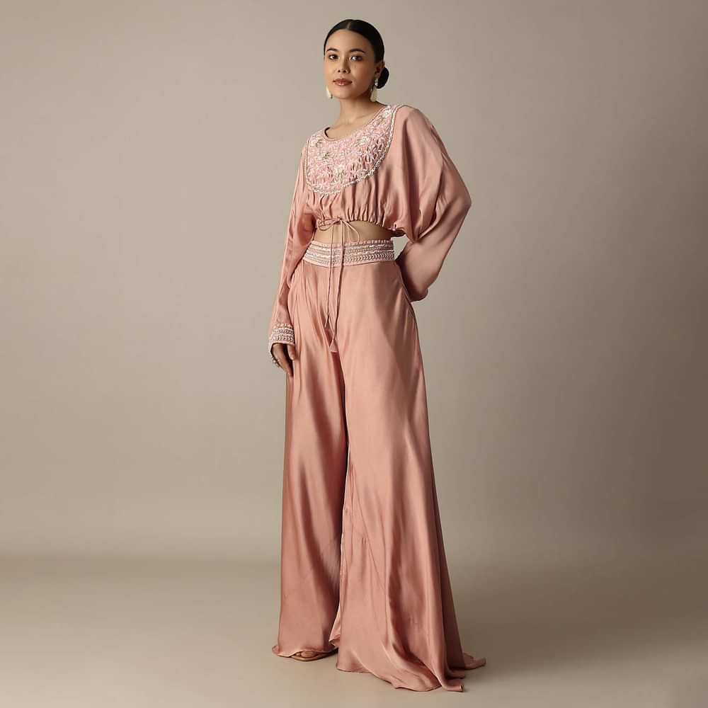 Pink Silk Embroidery Crop Top With Palazzo