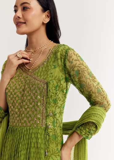 Parrot Green Floral Chiffon Anarkali Kurta Set With Dupatta