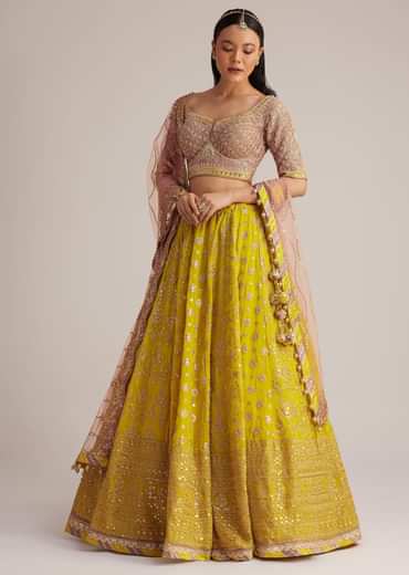 Yellow and Mauve Embroidered Lehenga Set With Net Dupatta