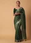 Green Banarasi Georgette Saree With Zari Bandhani Weave And Unstitched Blouse Piece