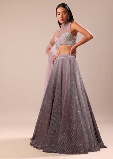 Purple Ombre Sequin Lehenga With Ruched Halter Blouse