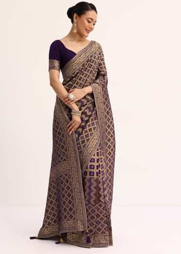 Purple Bandhani Tie Dye Saree With Zari Jaal And Unstitched Blouse