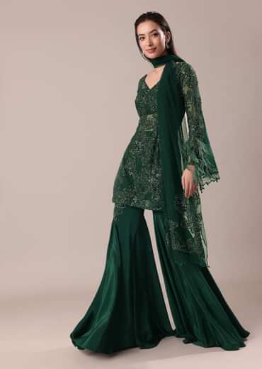 Bottle Green Fancy Sequins Palazzo Suit