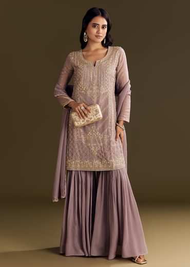 Lavender Tissue Zardosi Embroidered Kurta Set With Organza Dupatta