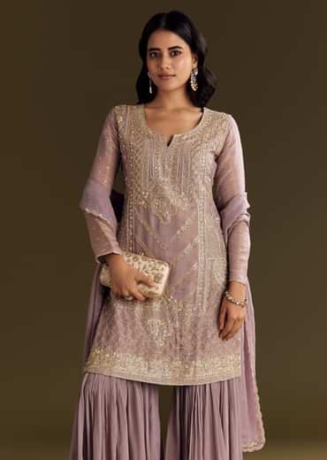 Lavender Tissue Zardosi Embroidered Kurta Set With Organza Dupatta