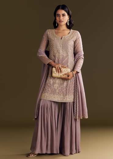 Lavender Tissue Zardosi Embroidered Kurta Set With Organza Dupatta