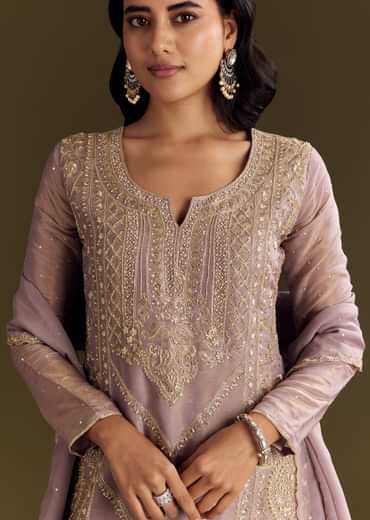 Lavender Tissue Zardosi Embroidered Kurta Set With Organza Dupatta