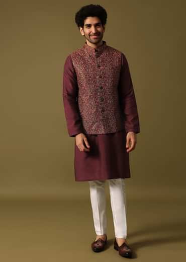 Red Cotton Kurta Jacket Set With Resham Work For Men