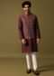 Red Cotton Kurta Jacket Set With Resham Work For Men