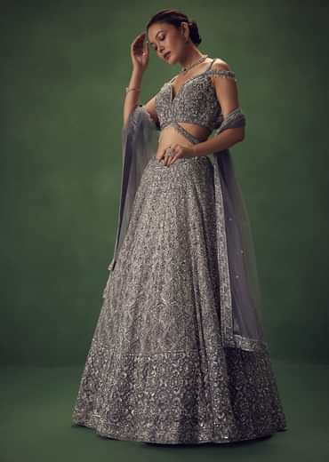Grey Hand Embroidered Sequin Work Lehenga Set