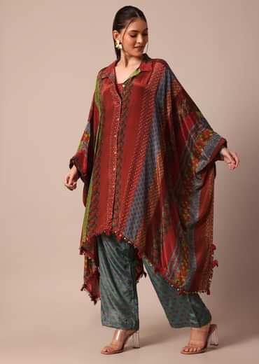 Red Printed Kaftaan Set With Resham And Metal Coin Detailing