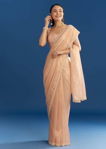 Peach Organza Tissue Saree With Beaded Border