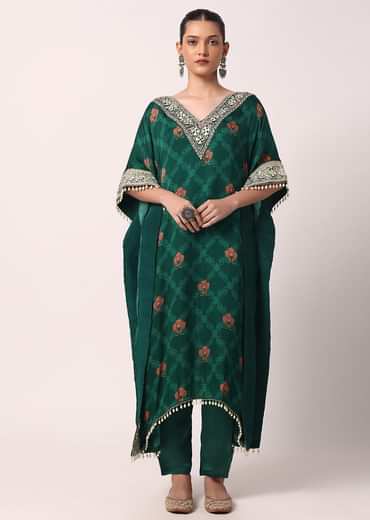 Green Pant Set With Gota Embroidered Kaftan Kurta