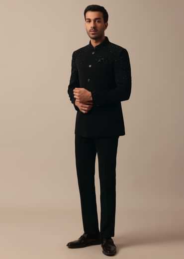 Sophisticated Black Textured Fabric Jodhpuri Suit