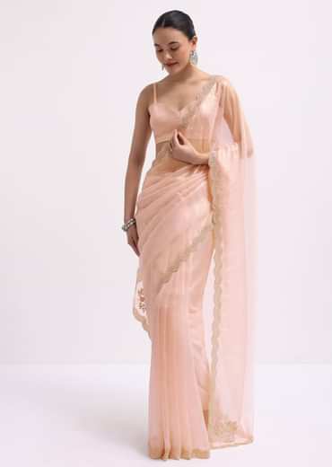 Peach Cutdana Embroidered Tissue Saree With Unstitched Blouse