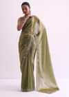 Green Satin Tissue Saree With Sequin Scallop Work And Unstitched Blouse Fabric