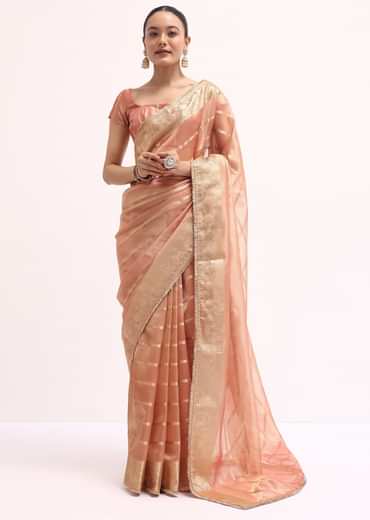 Pinkish Gold Zari Chanderi Silk Saree With Unstitched Border