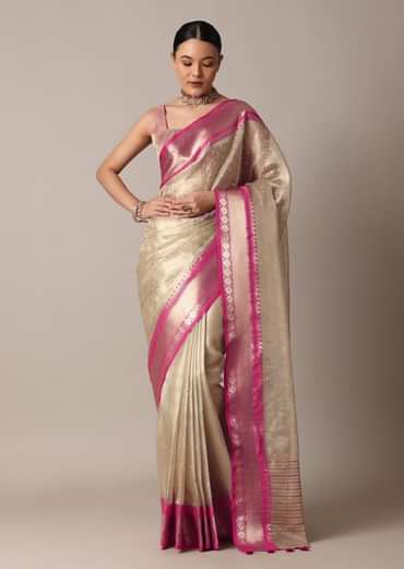 Gold Kota Silk Chanderi Saree With Mirror Detail And Unstitched Blouse Piece