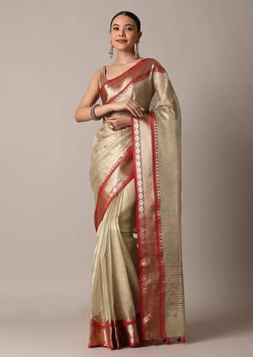 Gold Chanderi Kota Silk Woven Saree With Mirror Work And Unstitched Blouse Piece