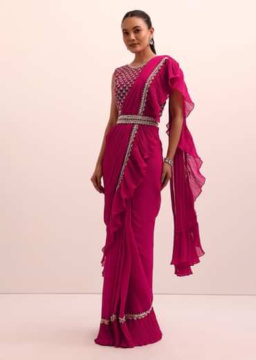 Magenta Pink Pre Pleated Frill Saree With Belt And A Stitched Blouse
