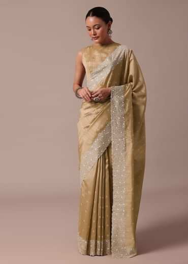 Beige Tussar Saree With Unstitched Blouse