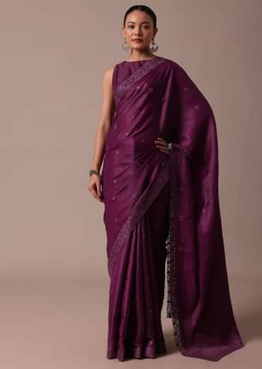 Wine Embroidered Tussar Saree With Unstitched Blouse
