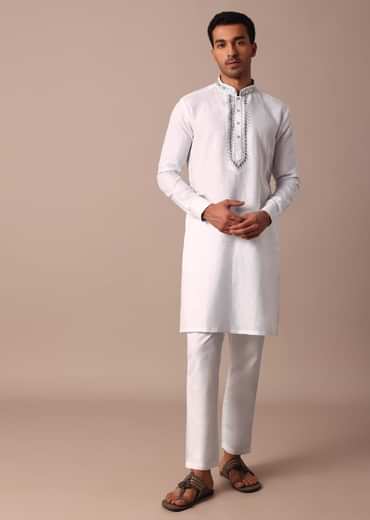 White Linen Kurta With Thread Detail Yoke