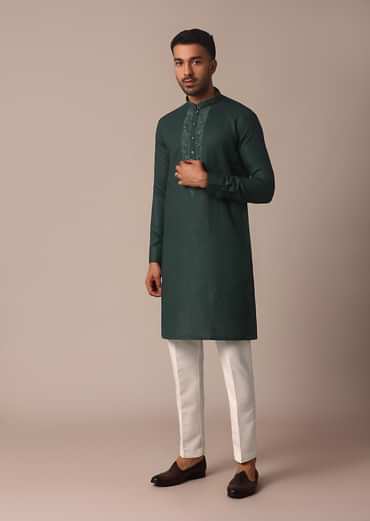 Lush Green Linen Kurta With Intricate Yoke Work