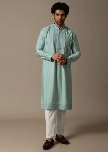 Mint Green Threadwork Silk Kurta Set For Men