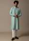 Mint Green Threadwork Silk Kurta Set For Men