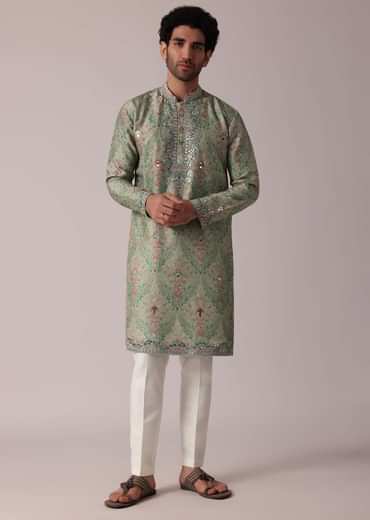 Green Festive Silk Kurta Set For Men