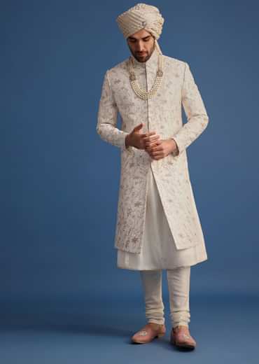 Off White Raw Silk Embroidered Sherwani Suit